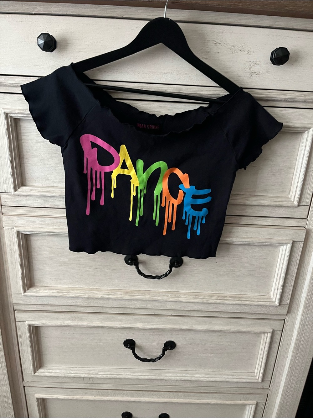 Crop Top T-Shirt with Rainbow 'Dance' Graphic - Black